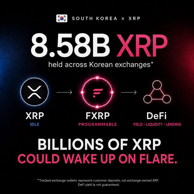 A promotional graphic states 'SOUTH KOREA x XRP' with '8.58B XRP held across Korean exchanges', showing a flow from XRP (idle) to FXRP (programmable) to DeFi (yield, liquidity, lending) with the tagline 'BILLIONS OF XRP COULD WAKE UP ON FLARE.'