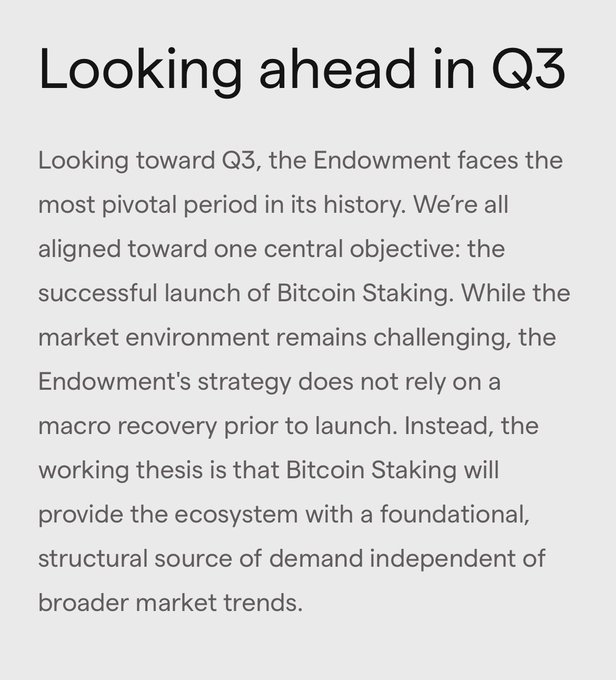 Text slide titled 'Looking ahead in Q3' discussing the Endowment's strategy, noting that the Bitcoin Staking launch is the central objective and is expected to provide structural demand independent of macro recovery.