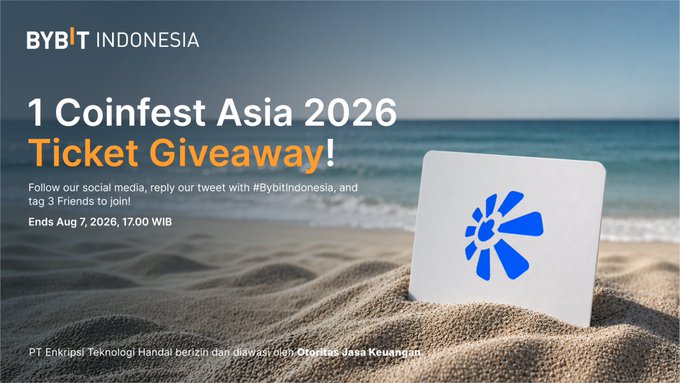 A promotional graphic from "BYBIT INDONESIA" announcing a "1 Coinfest Asia 2026 Ticket Giveaway" with instructions to follow their social media and tag 3 friends, ending August 7, 2026, 17:00 WIB, displayed over a beach background with a card bearing a blue logo.