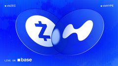 A blue Zcash (ZEC) promotional image showing logos for Zcash and Live on base, with BTC and CRYPTE tickers.