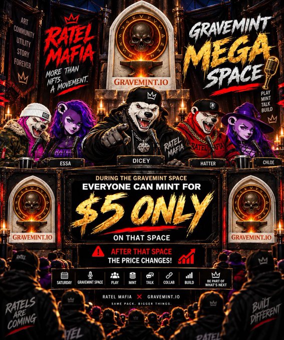Promotional graphic for 'GRAVEMINT MEGA SPACE' collaboration with RATEL MAFIA, showing anthropomorphic animal characters at a press conference and announcing '$5 ONLY' minting price during the event at gravemint.io.