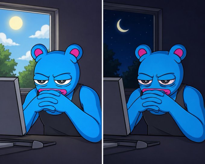 The image features a cartoon bear sitting at a desk with a laptop computer, looking at something or someone outside of the frame. The background shows a window with trees visible through it, suggesting that the scene takes place indoors during daytime hours. The caption reads "The $BRETT chart. All day. Every day." which is likely related to the cartoon bear's character and its actions in the image.