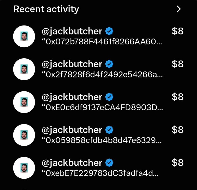 A "Recent activity" feed showing multiple $8 transactions from a verified user @jackbutcher, each referencing a different Ethereum address starting with "0x", likely from a Polymarket or similar prediction market interface.