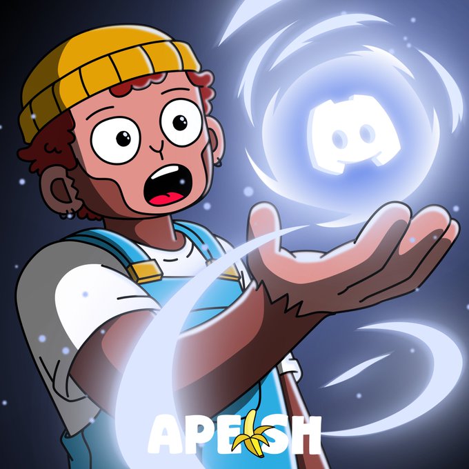 The image features a cartoon character wearing an apron with the word "apeish" written across his chest, holding out his hand as if he's about to catch something or offer help. The background of the image is dark blue, creating a contrast that makes the character and his actions stand out. There are also some text elements in the image, including the words "Discord" and "Discord.gg/u7Hxea4cy We just entered the jungle, and the storm is coming strong." The caption below the image provides additional context about the post's content.