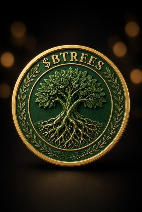 A gold and green commemorative coin features a detailed tree with visible roots and the text "$BTREES" along the top, symbolizing the project's growth and foundation—mirroring the post's message of planting a seed and watching the $BTREES ecosystem expand through community, strategy, and execution.