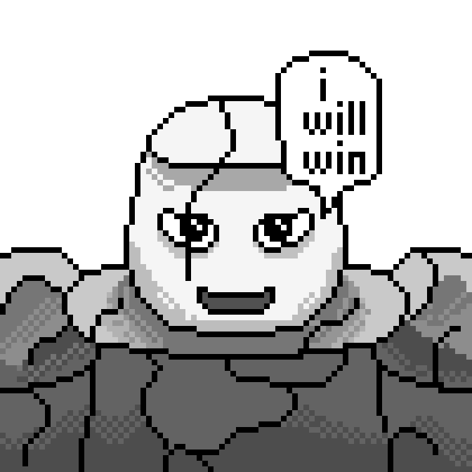A pixel art illustration of a smiling white creature among rocks, with a speech bubble reading 'I will win'.