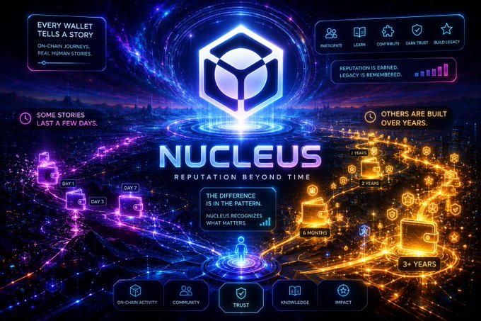 Promotional graphic for 'NUCLEUS: REPUTATION BEYOND TIME' featuring a hexagonal logo, with text 'EVERY WALLET TELLS A STORY, ON-CHAIN JOURNEYS, REAL HUMAN STORIES' and category icons including PARTICIPATE, LEARN, CONTRIBUTE, EARN TRUST, BUILD LEGACY.