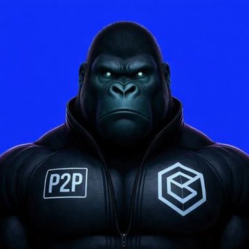 A digital illustration of an angry black gorilla with glowing eyes wearing a black jacket featuring a 'P2P' patch and a geometric logo on a blue background.