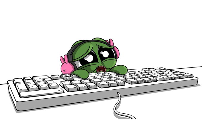 An illustration depicts a cute green cartoon character with large tearful eyes, pink headphones, and a pink bunny hand puppet, lying sadly across a white computer keyboard.
