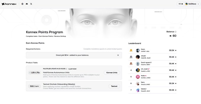 The image shows the Konnex Points Program dashboard displaying a balance of 60 points alongside a leaderboard of top earners (e.g., "Kanan" with 55.5K points) and quests to earn additional points. It illustrates the author's recent sign-up to the @konnex_world airdrop, highlighting the robotics-themed crypto project's reward system for engaging with tasks like holding Konnex Autonomous Units and completing test transactions.
