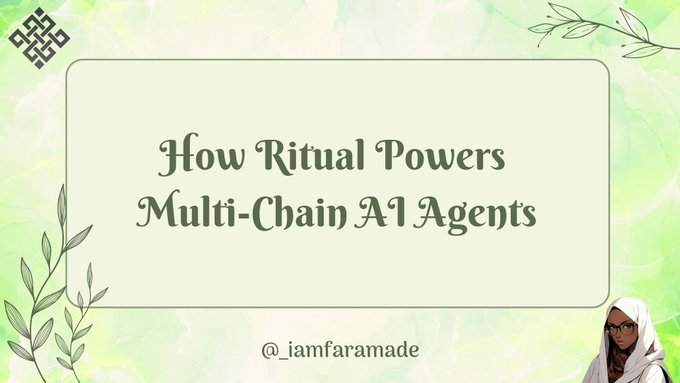A presentation slide titled "How Ritual Powers Multi-Chain A1 Agents" by @_iamfaramade, with a green watercolor background featuring leafy decorations.