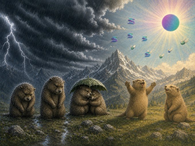 A whimsical illustration depicting a split weather scene where bears on one side huddle under a stormy sky with lightning and rain, while bears on the other side reach joyfully toward a colorful sun in a bright sky.