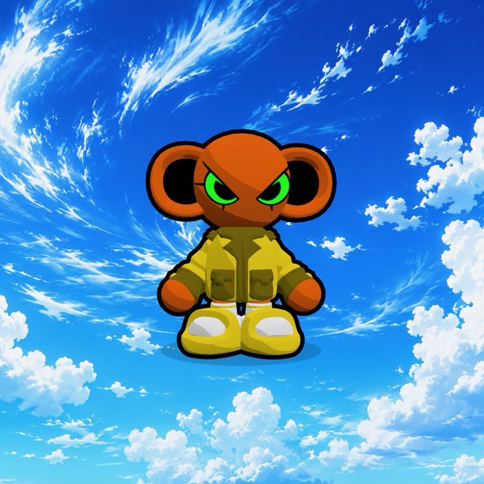 A cartoonish character with a brown teddy bear-like head, glowing green eyes, and a yellow outfit stands against a swirling blue sky filled with clouds. The post references "migos" (likely NFTs), a "floor" price purchase, and "TNA" (TheNobleApes), suggesting the image depicts a character from that NFT collection.