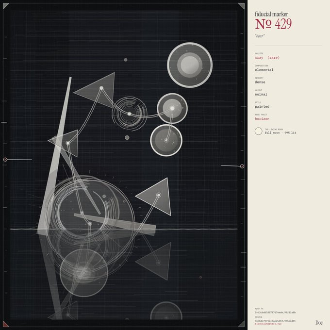An abstract monochromatic composition titled "fiducial marker No 429" by Doc, featuring white geometric shapes and circles on a dark grid background, labeled "horizon" and "xray (late)".