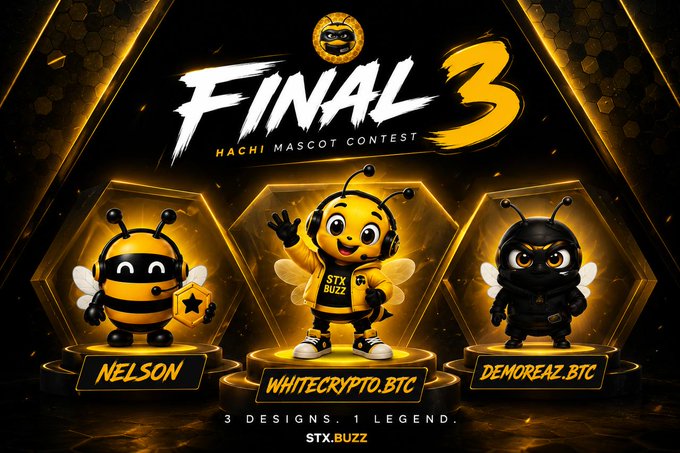 A promotional banner titled "FINAL 3 - HACHI MASCOT CONTEST" featuring three bee-themed mascot designs labeled "NELSON", "WHITECRYPTO.BTC", and "DEMOREAZ.BTC" with the tagline "3 DESIGNS. 1 LEGEND." and "STX.BUZZ".