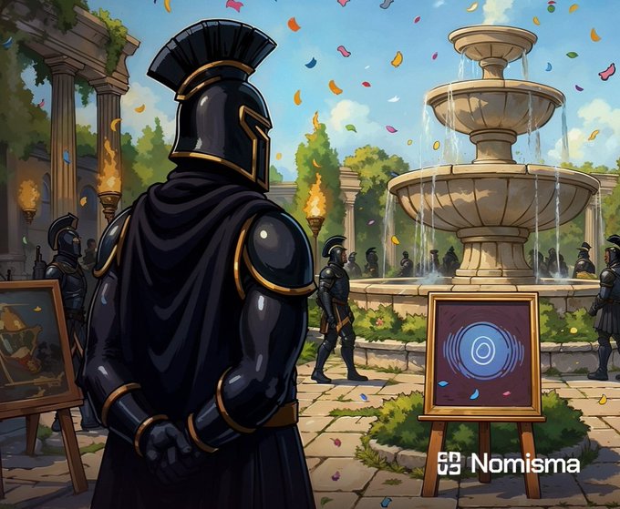 The image features a man dressed as a knight standing next to a fountain, with confetti falling around him. There are several other people present in the scene, some of whom appear to be wearing armor or similar medieval clothing. A painting can also be seen in the background. The image is related to the post because it contains text that reads "Happy Sunday CT @NomismaNetwork and @useTria are leading the way in making Web3 easier and more effective."