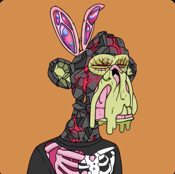 A surreal character with a cracked rocky head, large pink bunny-like ears with bubble patterns, bloodshot yellow eyes, and dripping green slime wearing a black shirt with a skull design, set against an orange background.