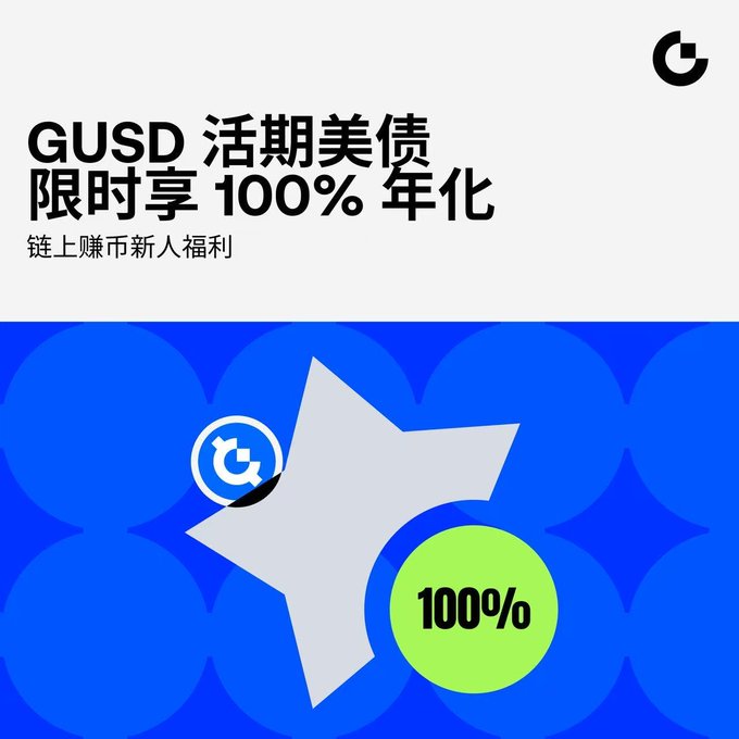 A promotional advertisement in Chinese for GUSD (Gemini Dollar) Treasury Bills offering a limited-time 100% annual percentage yield (APY) as a new user benefit for earning on-chain.