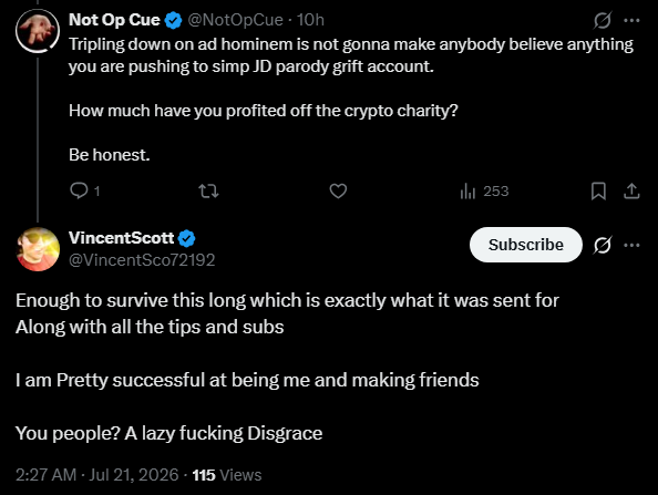 The image shows a tweet exchange between Not Op Cue (@NotOpCue) and Vincent Scott (@VincentSc072192), where Vincent Scott claims he's made "enough to survive" from a crypto charity along with tips and subs, while calling critics "a lazy fucking Disgrace" — directly contradicting the post's characterization of him admitting he's on the platform to profit while attacking others.