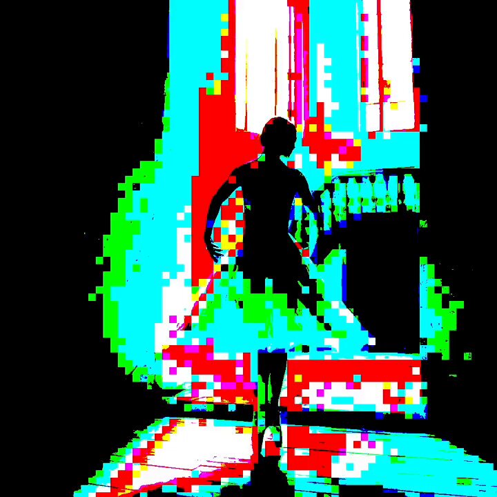 The image features a woman dressed in a ballerina costume, standing in front of a window with her arms outstretched as if she's dancing. The photo has a pixelated appearance due to its digital nature, giving it an artistic and surreal feel. The caption provided after the image reads "The dancer spins objkt.com/tokens/KT1HxUd #NFTarti" which suggests that this image is related to a post on social media or an online platform where users can share their artwork or dance performances with others.