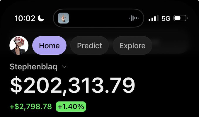 A screenshot of an investment portfolio showing user "Stephenblaq" with a balance of $202,313.79, up $2,798.78 (+1.40%) today. The image suggests the user is showcasing their impressive portfolio gains to attract attention to potential stock or crypto ticker recommendations in response to their request for ticker suggestions.