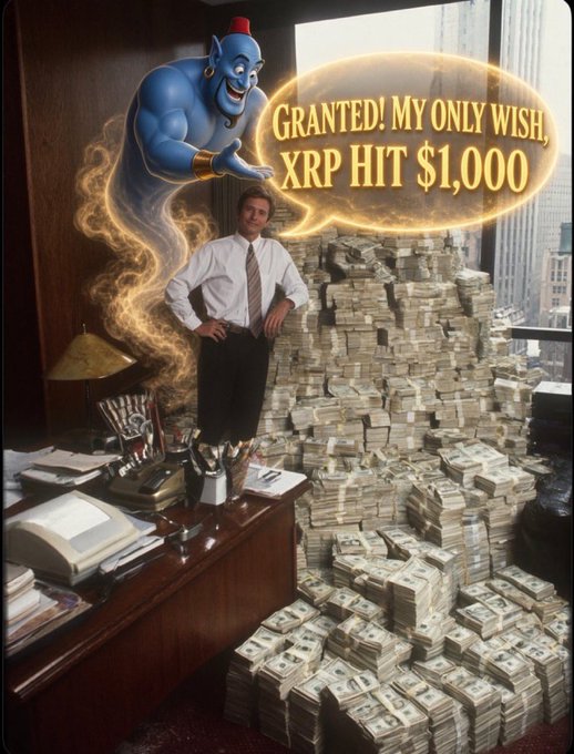 An AI-generated image shows a man in an office filled with stacks of cash, accompanied by a genie in a speech bubble saying 'GRANTED! MY ONLY WISH, XRP HIT $1,000'.
