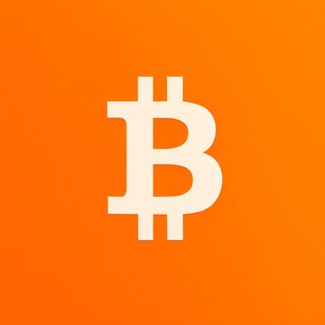 The Bitcoin logo (a stylized white 'B' with two vertical strokes) is centered on a bright orange background.