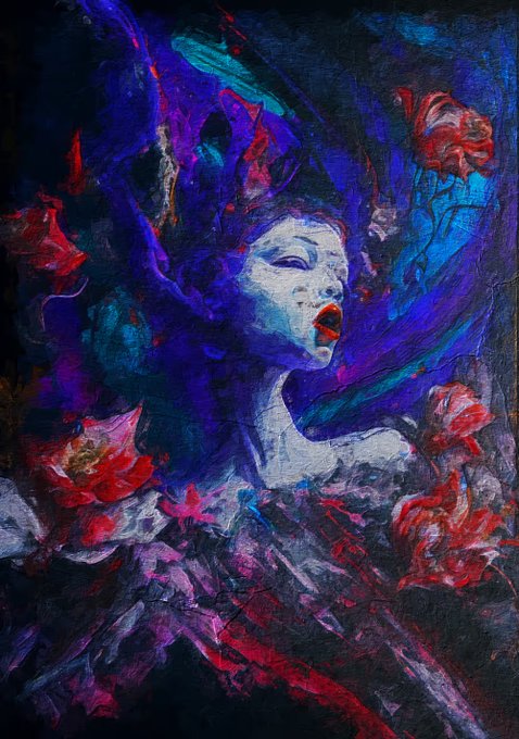 An expressionist oil painting of a pale figure with red lips surrounded by vibrant blue, purple, and red flowers rendered in thick brushstrokes.