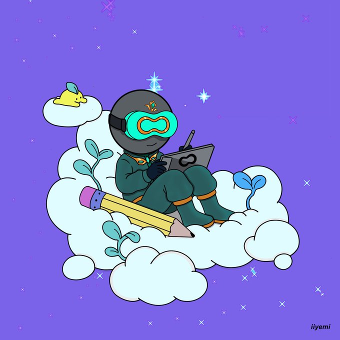 A cartoon illustration by iiyemi depicting a character in a spacesuit and teal goggles sitting on a cloud with a tablet, alongside a yellow sleeping creature on a purple starry background.