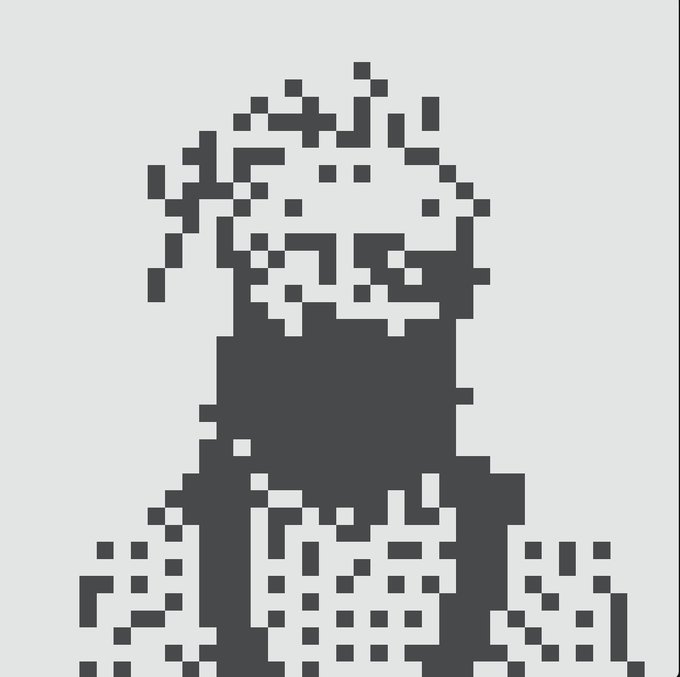The image features a black and white picture of a person's face, which appears to be a digital art piece or a pixelated illustration. The person has a scarf wrapped around their neck, adding an interesting detail to the overall composition. The background is plain white, allowing the focus to remain on the artwork itself. The caption at the bottom of the image reads "Happy to join the awesome community of art enthusiasts and builders I was a Normies back in the day and had to come back but this time as a Normies".