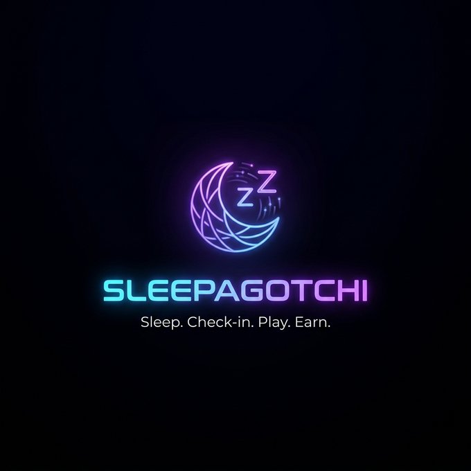 A neon-style logo on a black background featuring a crescent moon with 'ZZ' sleep symbols, above the text 'SLEEPAGOTCHI' and the tagline 'Sleep. Check-in. Play. Earn.'