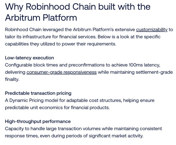 The image highlights why Robinhood Chain chose to build on the Arbitrum Platform, citing key benefits like 100ms low-latency execution, predictable transaction pricing via a Dynamic Pricing model, and high-throughput performance for handling large transaction volumes. This reinforces the post's bullish sentiment on $ARB by showcasing a major real-world adoption—Robinhood—relying on Arbitrum's customizable infrastructure for financial services.
