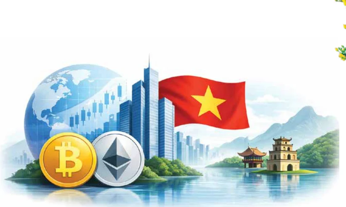 An illustrated graphic featuring a globe, financial chart, Bitcoin and Ethereum coins, Vietnamese flag, and cityscape with traditional Asian architecture.