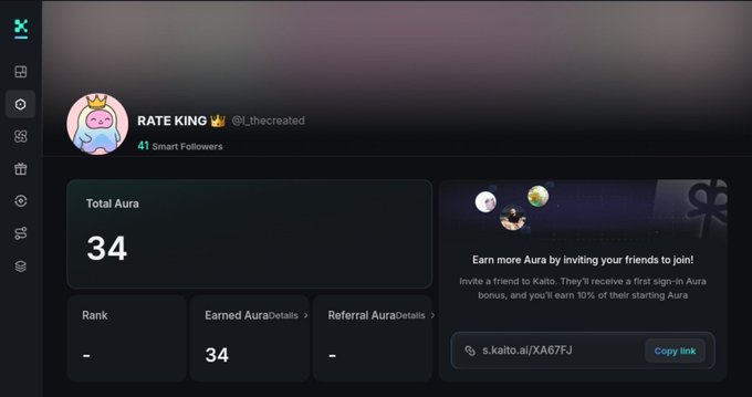 A Kaito profile dashboard for "RATE KING" (@_thecreated) showing a Total Aura of 34 with 41 Smart Followers, alongside a referral link (s.kaito.ai/XA67FJ) inviting friends to earn more Aura. The image illustrates the post's message about converting yaps to AURA on the Kaito platform.