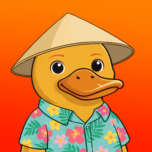 A cartoon duck wearing a traditional conical hat and a colorful Hawaiian floral shirt against a bright orange background.
