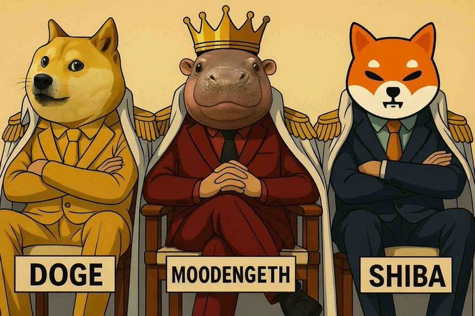 Three anthropomorphic cryptocurrency mascots—Dogecoin (DOGE), Moodeng (MOODENGETH), and Shiba Inu (SHIBA)—sit regally on thrones in suits and a crown, embodying the major Ethereum ecosystem tokens referenced by their labeled names. The image visually reinforces the post's message about enduring patience and humility in building on Ethereum, depicting these beloved but often-meme'd tokens as royal figures who must weather public criticism with grace.