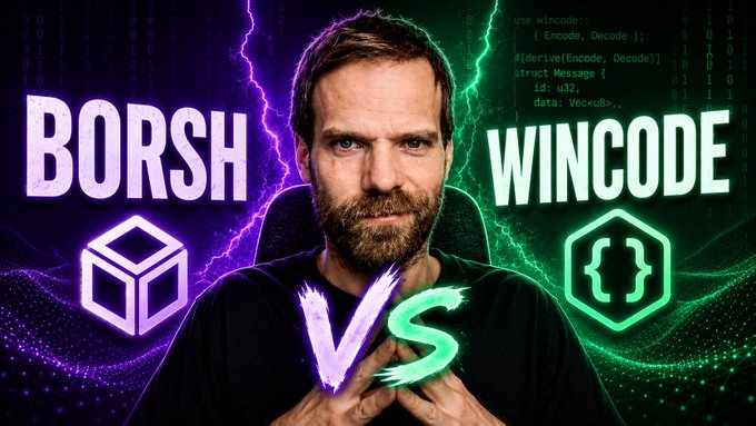 The image features a man with a beard wearing a black shirt, standing against a purple background that has "borsh" written above him and "wincode" below him. The text "Solana" is also present in the image. This suggests that the image might be related to a comparison of different libraries used for Rust programming or Solana development.