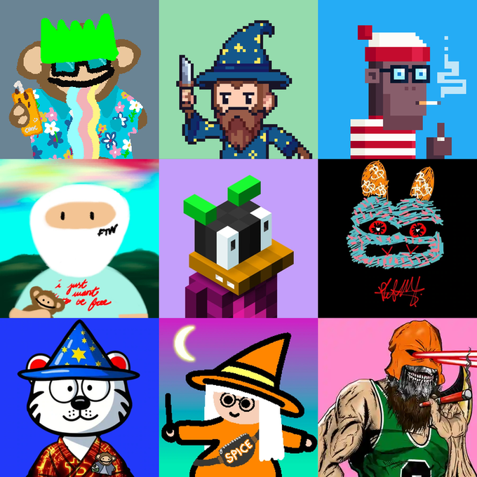 A 3x3 grid of pixel art NFT-style avatars featuring various characters including a monkey in a Hawaiian shirt, a wizard with a knife, a person in a Santa hat smoking, a ninja, a green character, a blue fuzzy creature, a tiger in a wizard hat, a person in a 'SPICE' witch hat, and a green-clad figure with laser eyes.