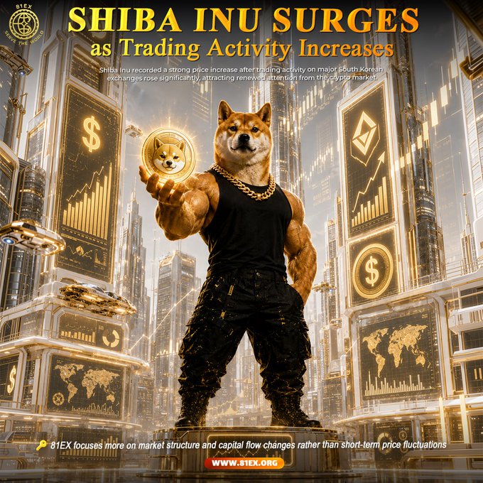 A muscular anthropomorphic Shiba Inu wearing a black tank top and gold chain holds up a SHIB coin against a futuristic cityscape of digital trading displays. The headline reads "SHIBA INU SURGES as Trading Activity Increases," with text noting that Shiba Inu recorded a strong price increase following a significant rise in trading activity on major South Korean exchanges, accompanied by the 81EX logo and website (www.81ex.org) at the bottom.