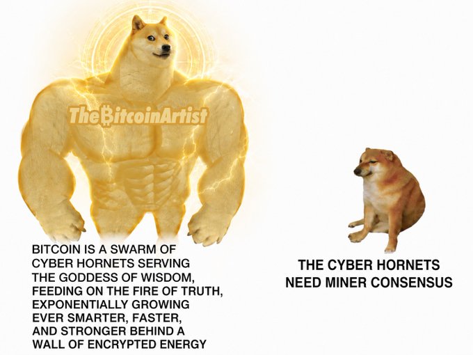 A 'Buff Doge vs. Cheems' meme styled image featuring 'TheBitcoinArtist' text over the buff Doge, with a caption describing Bitcoin as a swarm of cyber hornets needing miner consensus.