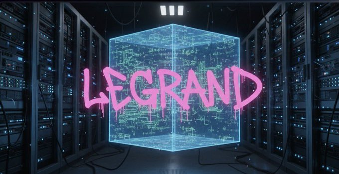 The image features an advertisement for a company named "Legand" that specializes in quantum computing. The company's name is written in pink neon letters against a dark background, making it stand out. The text also includes the words "quip", "network", and "focus". The image shows a large cube-shaped structure with the word "Legand" written on it, surrounded by numerous servers or computer racks that are part of a server farm. These servers appear to be connected through wires, indicating a complex network infrastructure.