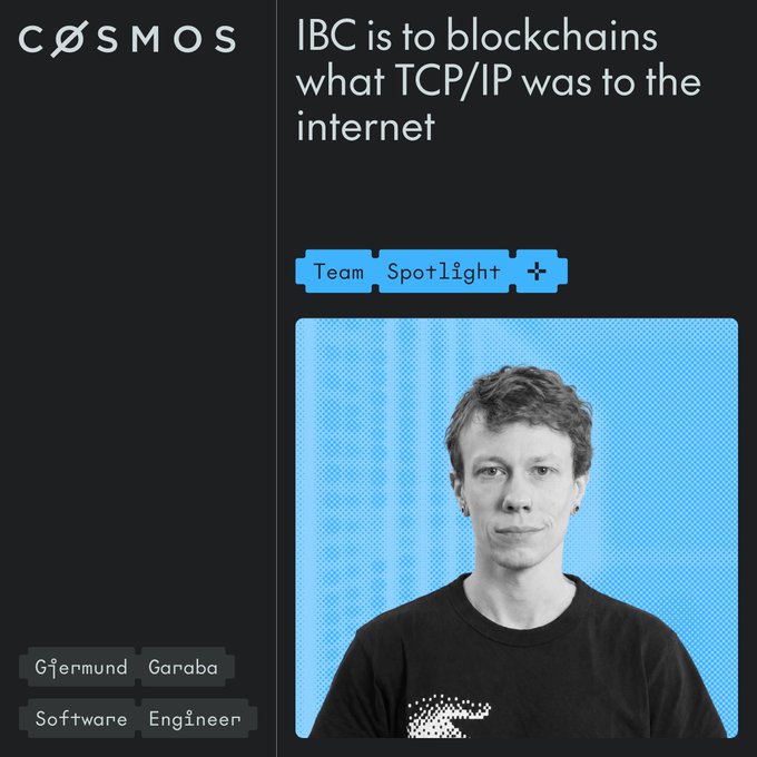 A team spotlight featuring Cosmos Software Engineer Gjermund Garaba, paired with the tagline "IBC is to blockchains what TCP/IP was to the internet," introducing his explanation of IBC as an open interoperability standard for digital ledgers and banking messaging infrastructure.