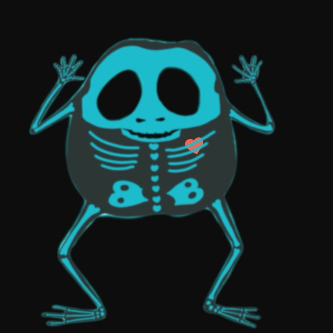 A glowing teal skeleton figure with a rounded body, large hollow eyes, and a small red heart on its chest, standing with arms raised against a black background.