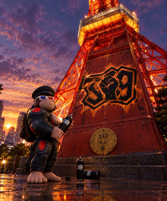 A digital artwork of a 3D monkey character dressed in tactical gear holding a spray paint can next to a graffiti tag ('669') on the base of Tokyo Tower at sunset.