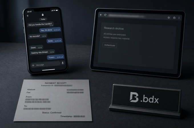 A composite image showing a phone with encrypted chat messages, a tablet displaying a "Research Archive" requiring authentication, a payment receipt, and a "B.bdx" placard on a dark surface.