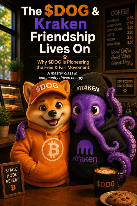 A promotional image titled 'The $DOG & Kraken Friendship Lives On' featuring a dog mascot in an orange Bitcoin cap and an octopus character in a black Kraken hoodie, with text promoting $DOG as pioneering 'the Free & Fair Movement.'