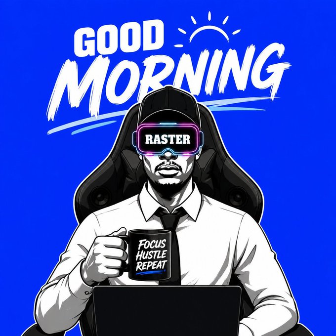 The image features a man sitting at his laptop, wearing a virtual reality headset that has the words "Raster" written on it. The background of the image is blue with white text that says "Good morning!". There are also two coffee cups in the scene - one near the bottom left corner and another towards the top right corner.