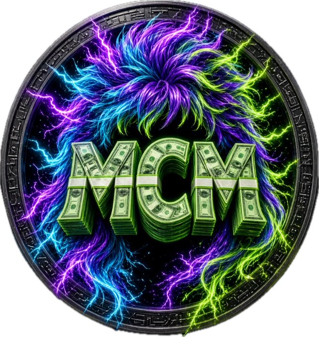 A stylized digital illustration features the letters 'MCM' made from stacked US dollar bills, surrounded by colorful neon lightning effects in a circular emblem.