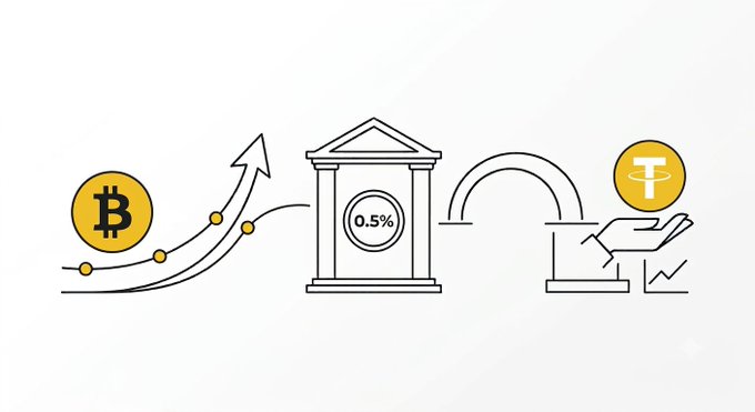 A financial illustration depicting Bitcoin on an upward chart, a 0.5% rate at a building, and Tether tokens flowing into a hand, suggesting crypto conversion.