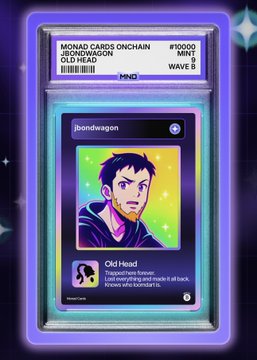 A digital trading card featuring a cartoon character labeled 'bondwagon' with 'Old Head' title, identified as a 'Trapdoor Rare Person' who 'Lost everything and made it all back. Knows who to recruit IRL,' labeled MONAD CARDS ONCHAIN #0000.